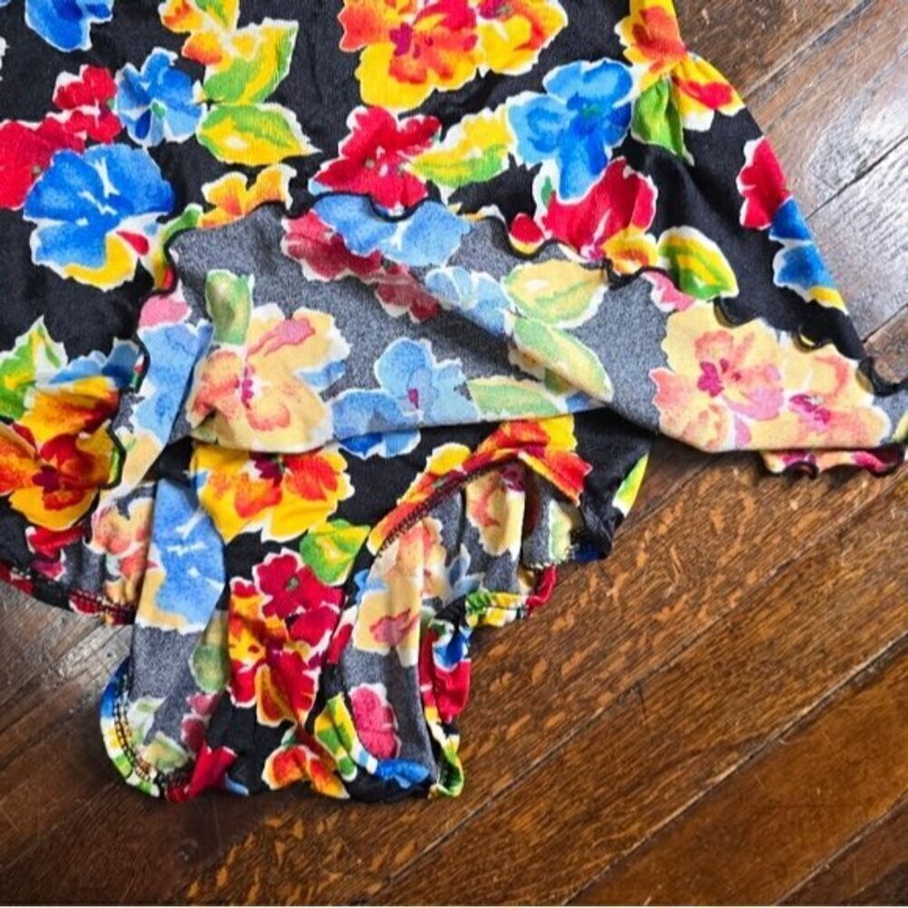 Vintage 70s ILGWU Black Tropical Floral One Piece Skirt Swimsuit - Picture 6 of 11